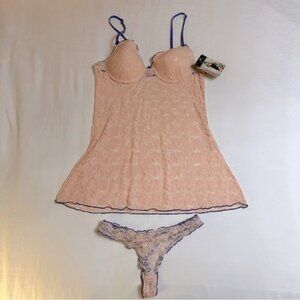 Just Sexy Lingerie Beige & Purple Lace Chemise Slip Dress & Thong Set 1X